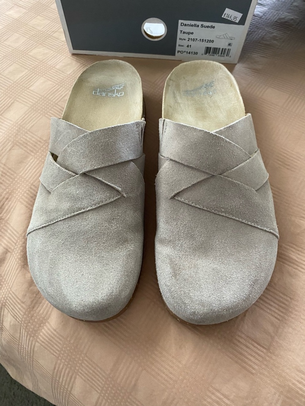 Dansko Taupe Suede Cross-Strap Slip-On Clog